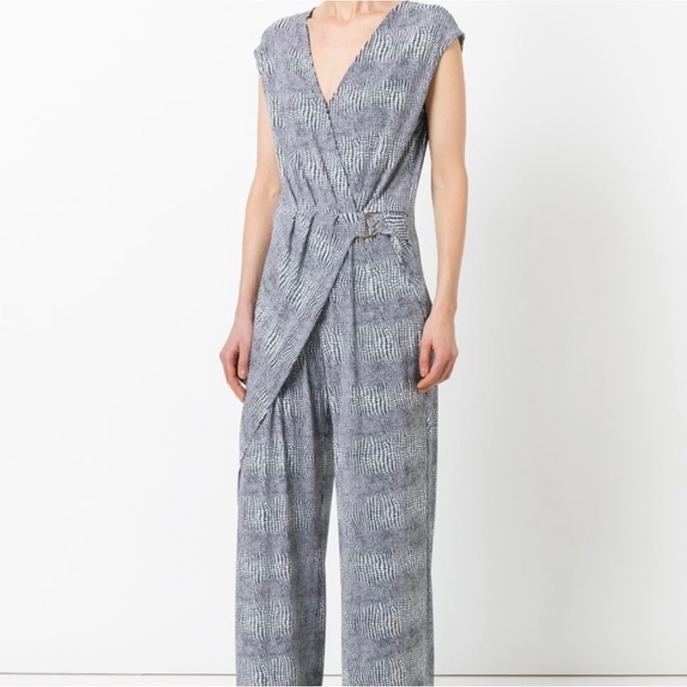 Michael Kors Zephyr navy blue /white belted wrap jumpsuit